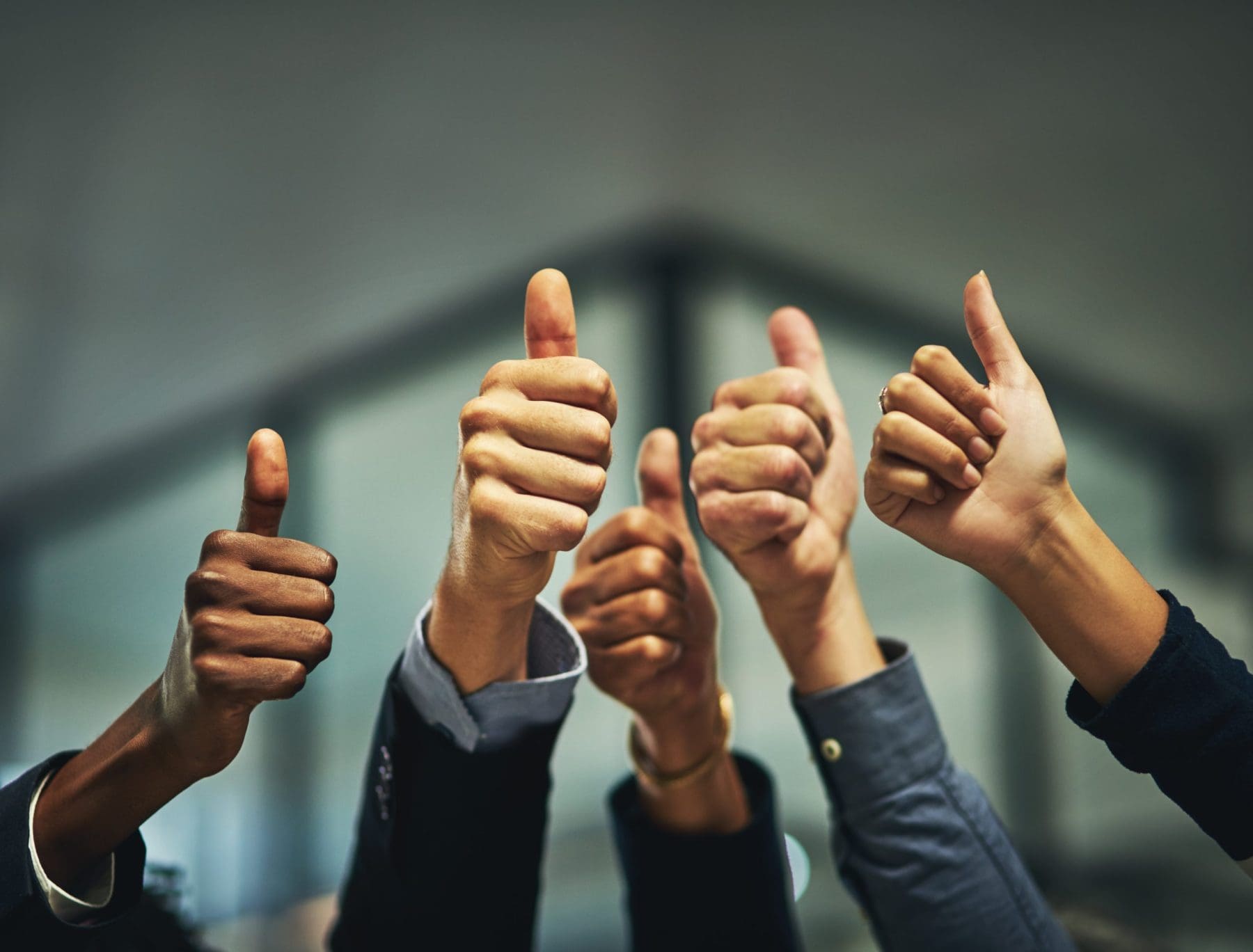 Thumbs up, team and business people.