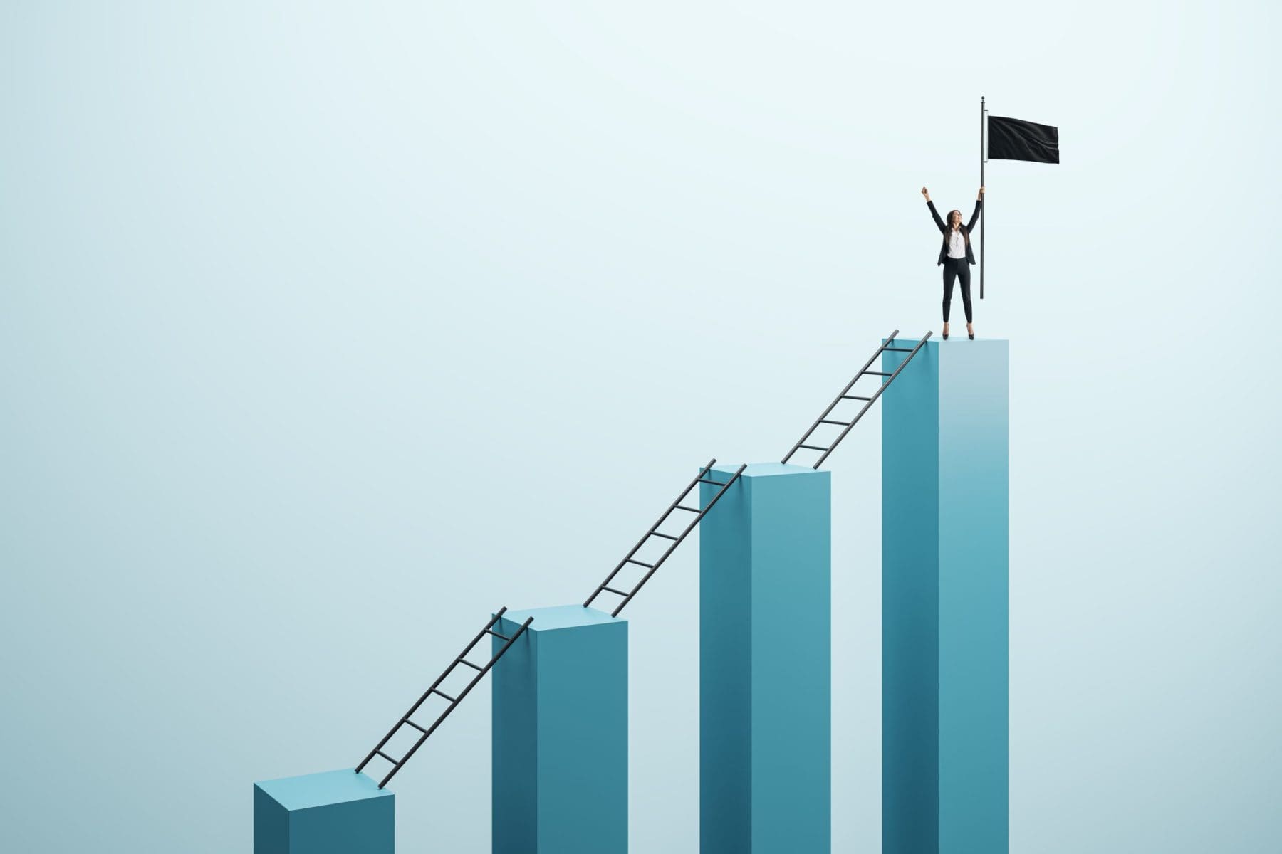 Businesswoman on column steps holding flag, celebrating success on a light background.