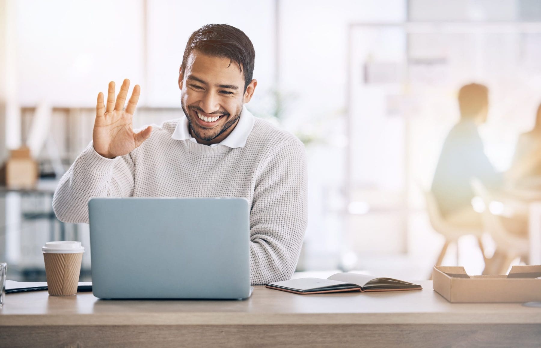 Businessman, video call and laptop, wave hello and virtual meeting