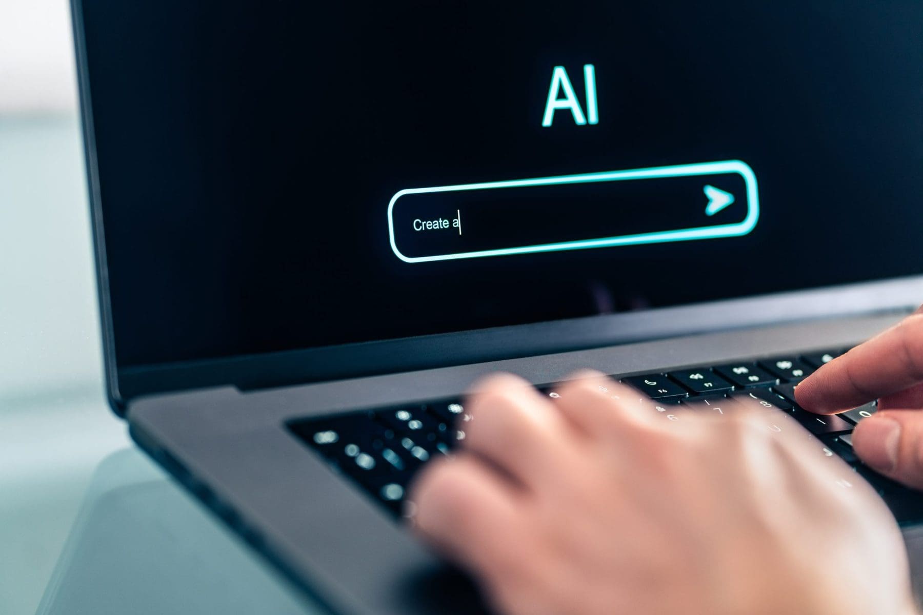 I prompt chat bot. Search website to generate data, text or image. Man using computer with artificial intelligence app.