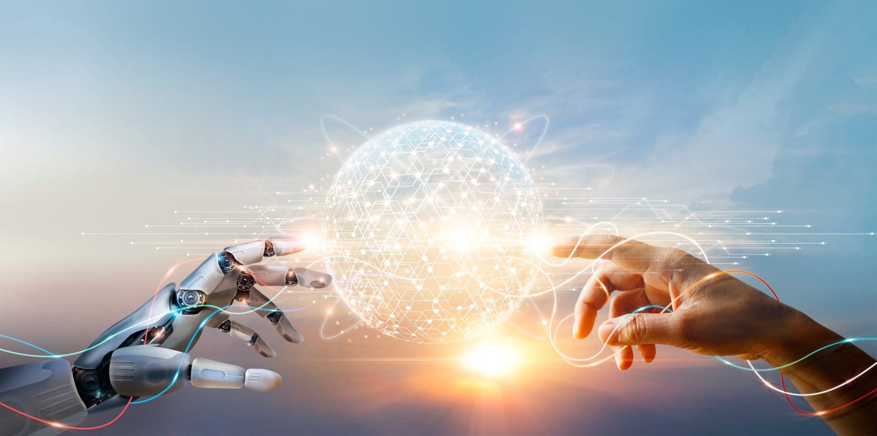 AI, Machine learning, Hands of robot and human touching big data of Global network connection.