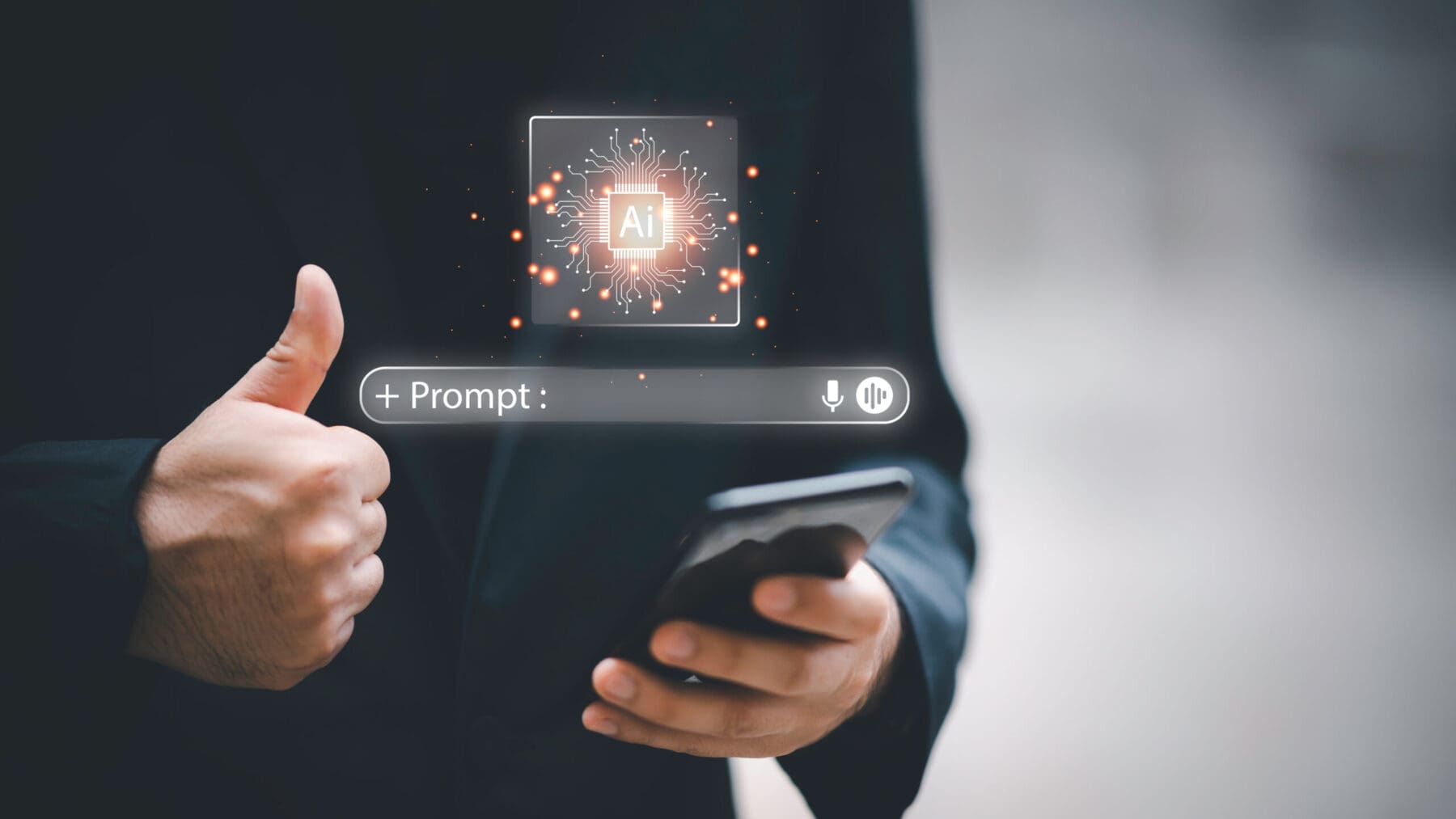 Close-up of businessman using laptop with floating AI command.