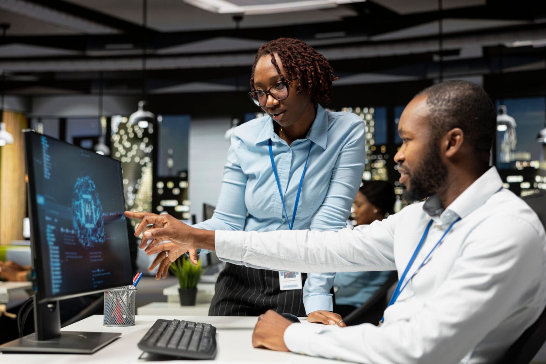 Team of mean and woman using AI analytics platform