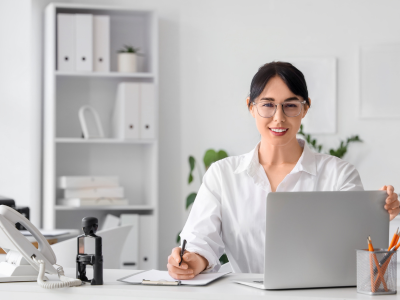 Woman smiling while working on desk with laptop.