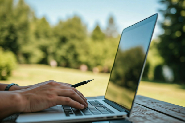 Close-up of laptop on table. Person working outdoors.
