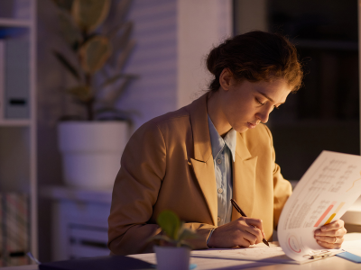 Woman reading documents and taking notes.