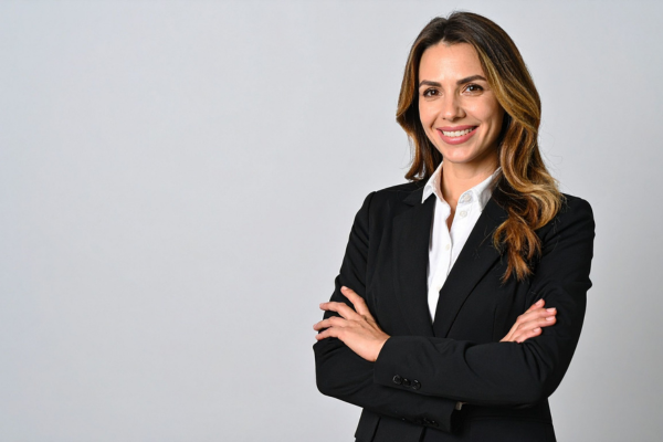 Woman smiling while looking ahead, she is wearing a suit.