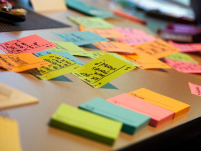 Table full of sticky notes.