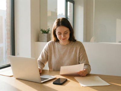 Woman working on laptop.
